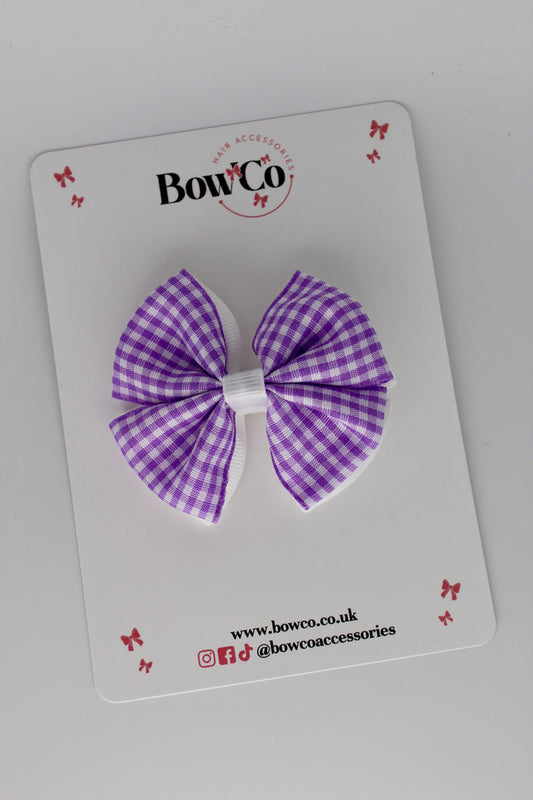 School Lilac Gingham Double Bow Clip