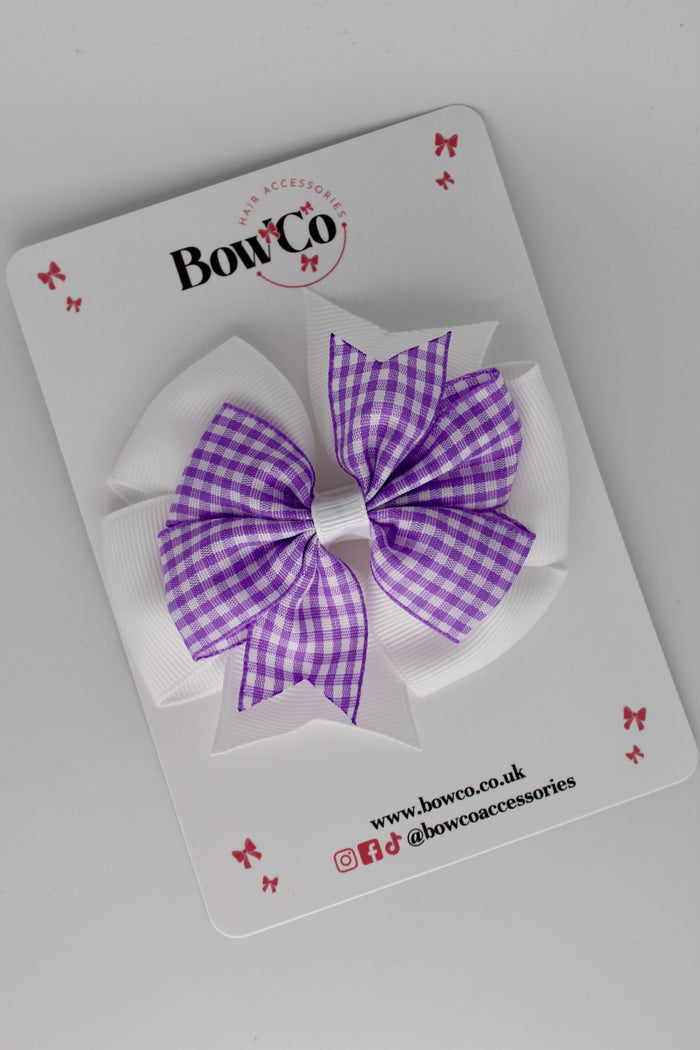 School Lilac Gingham Pinwheel Bow Clip