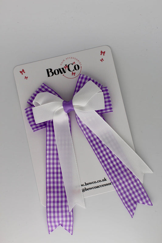 School Lilac Gingham Tail Bow Clip