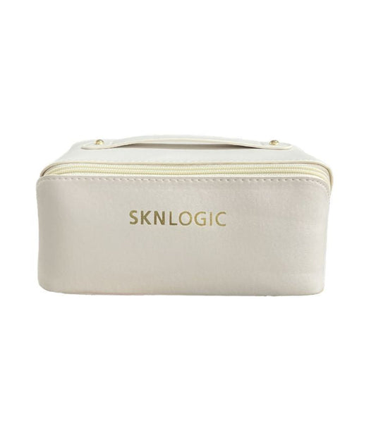 SKN223 SKNLOGIC Cosmetic Makeup Bag | Beige cosmetic bag with 'SKNLOGIC' branding on a white background
