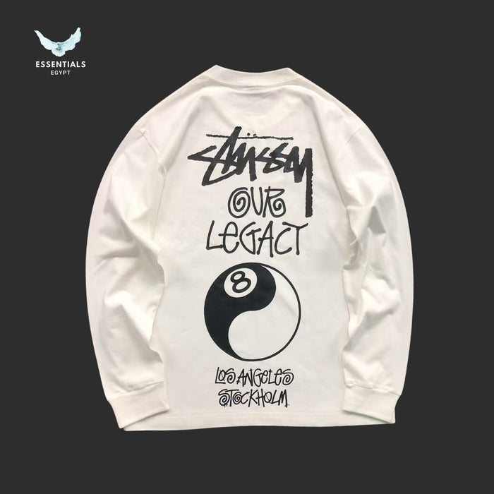 Back view of Stussy x Our Legacy sweatshirt with 8 Ball Yin Yang design