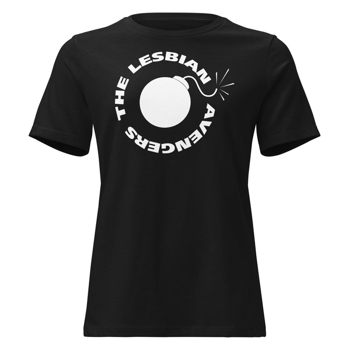 Black  t-shirt with white The Lesbian  Avengers and bomb graphic and text on a white background