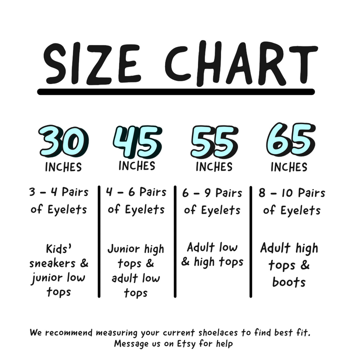 Size chart for eyelets with measurements and corresponding shoe types on a white background.