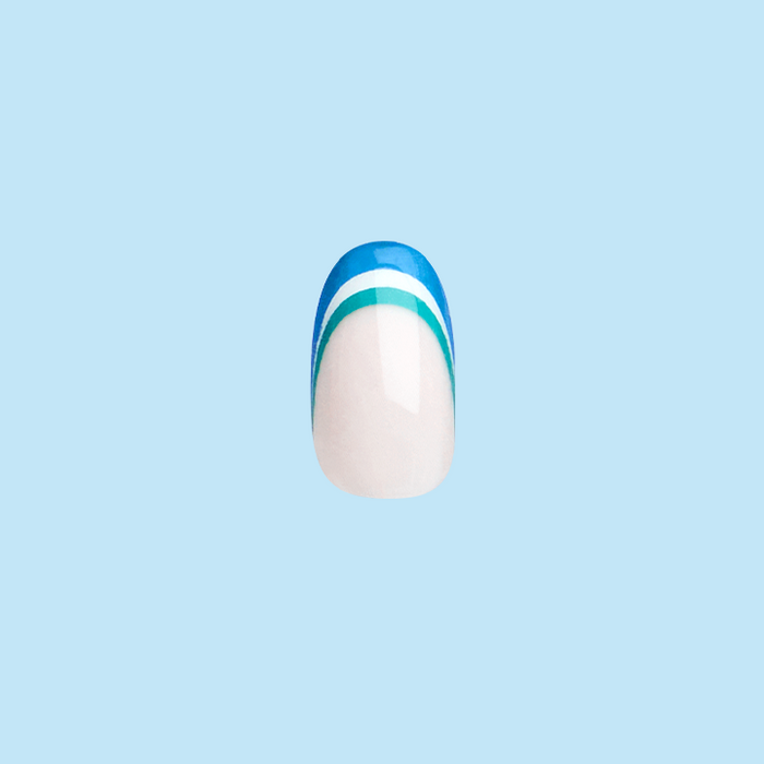 Single short press-on nail in Triple French | Round | Short design with blue and green triple french tips on pale base