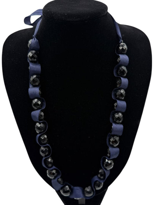 Unbranded Faceted Black Bead & Navy Ribbon Necklace – Adjustable Tie Closure