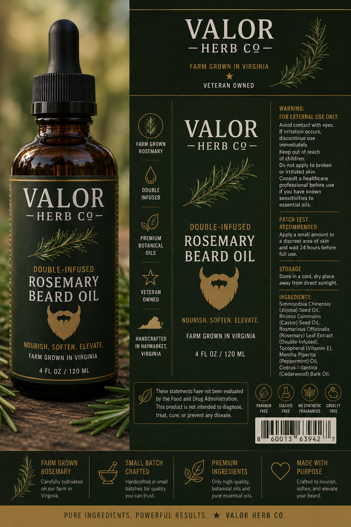 Valor Herb Co Double-Infused Rosemary Beard Oil Travel Size (2 oz)