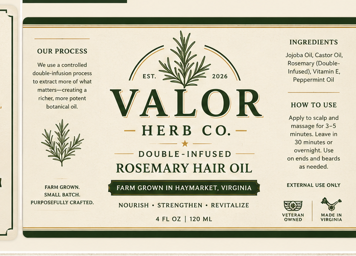 Label of Valor Herb Co. rosemary hair oil with text and branding elements.