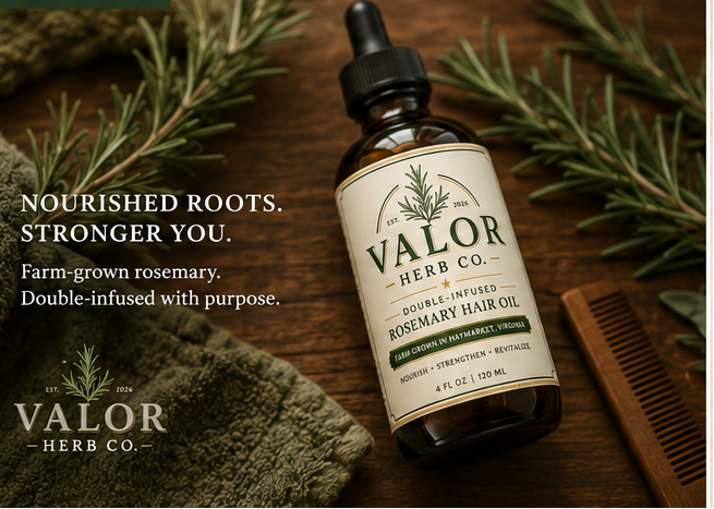 Small-batch rosemary hair oil crafted in Haymarket, Virginia using a controlled two-cycle infusion process.
