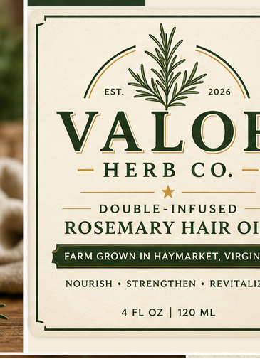 Label for Valor Herb Co. Double-Infused Rosemary Hair Oil with branding and product details.