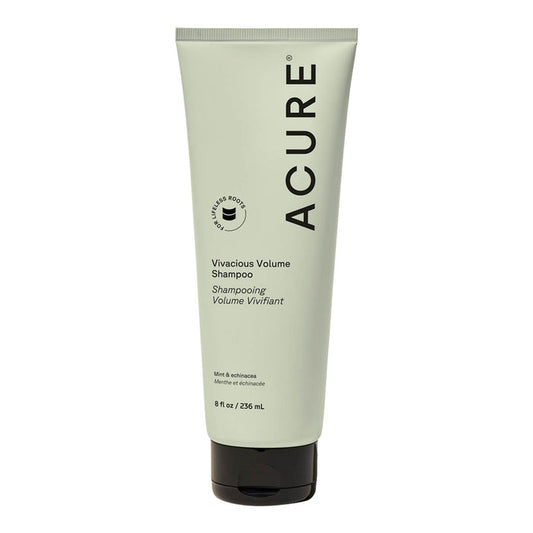 Acure Vivacious Volume Shampoo in a 236ml squeeze tube with a black cap, shown on a plain white background. Mint & echinacea.