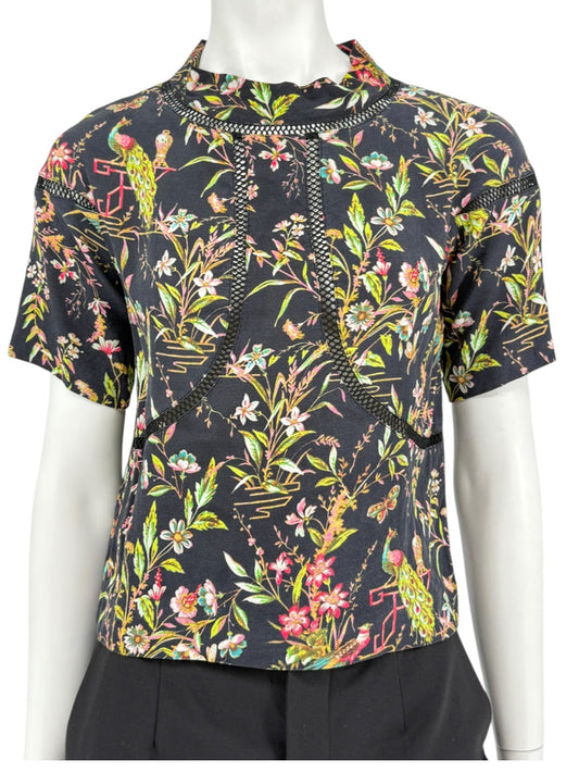 Vivienne Tam Black Floral & Peacock Print Mesh-Trim Top – Size 0