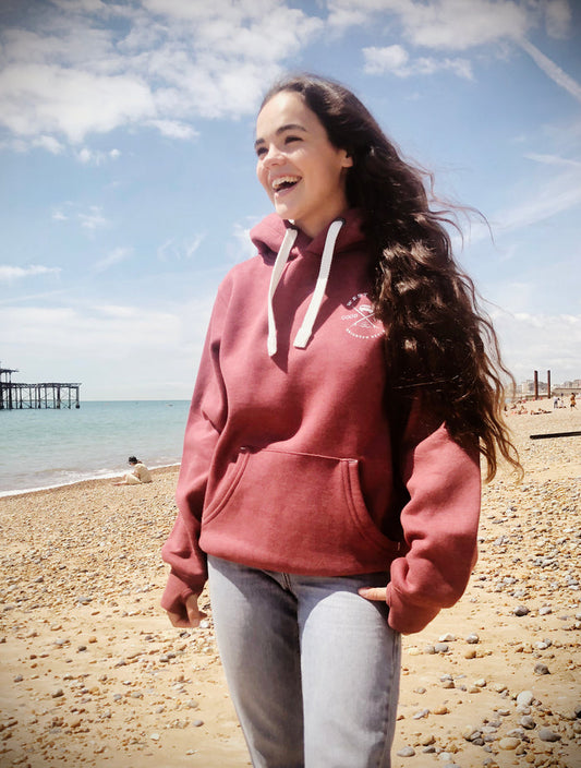 West Pier Hoodie - 'West Pier - Good Vibes - Brighton Beach' Camper Van Logo - Red