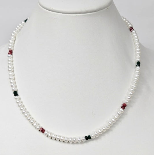 White Button Freshwater Pearl Necklace with Faceted Ruby & Emerald-Coloured Stones