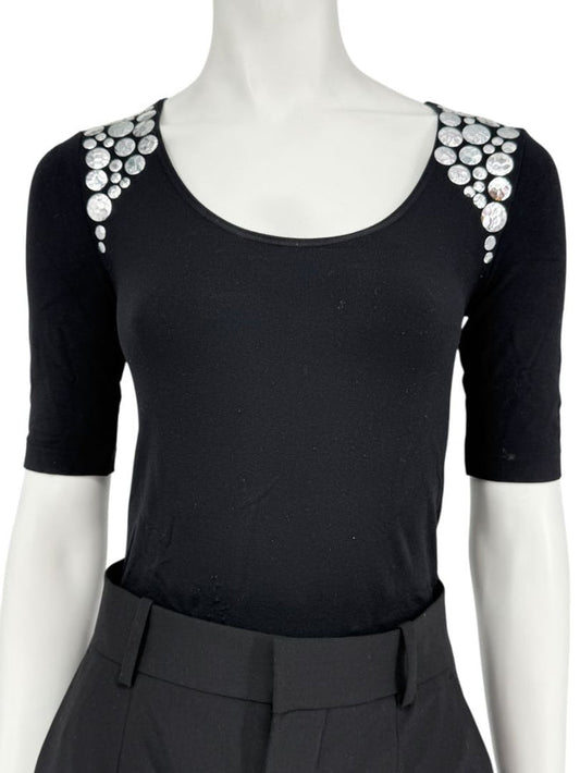 Wolford Black Embellished Shoulder "Heavy Metal" Bodysuit – Size XS
